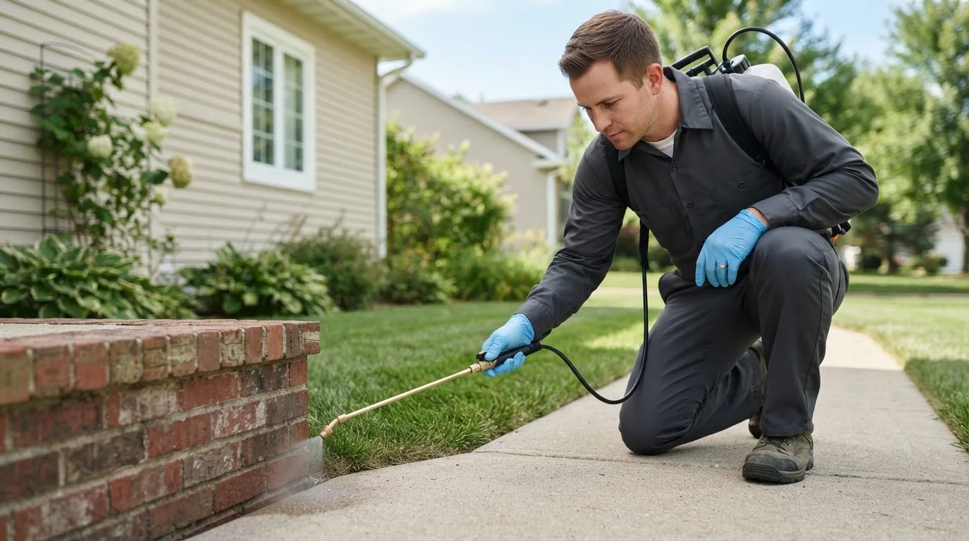 Pest control technician treating a home near Radcliffe, IA