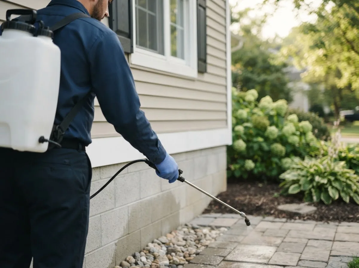 Pest control technician inspecting a home in Radcliffe, IA